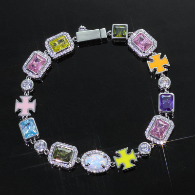 Geometric Colorful CZ Gemstone Chain Bracelet 10mm Silver Gold Multi Color Enamel Motif Hip Hop Unisex Jewelry Gift
