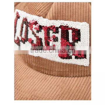 New Design Sequins Curved Bill Hat Custom 5 Panel Corduroy Trucker Cap photo-4