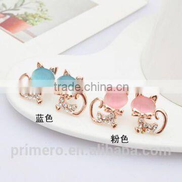 New Pure Gold Plate Cute Kitten Sweet Opal Cat Bowknot Stud Earrings photo-5