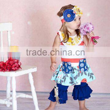 China Cheap Wholesale Toddler Girl Summer Short Sleeve Chevron Ruffle Pant Boutique Outfit Set photo-6