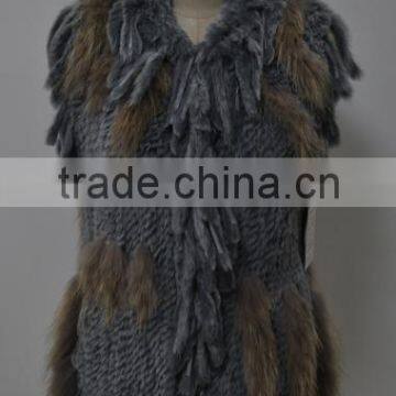 women fashion knitted real rabbit fur vest with raccoon trimming LK16F100