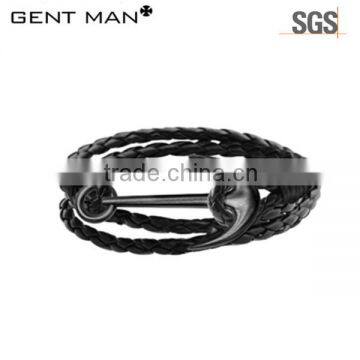 Coolman 2016 Black Leather Men Bracelet with Stainless Steel Anhor or Hook