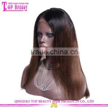 Wholesale Price Peruvian Hair Raw Unprocessed Virgin 14 Inches Yaki Silky Straight Two Tone Color Ombre Lace Wig