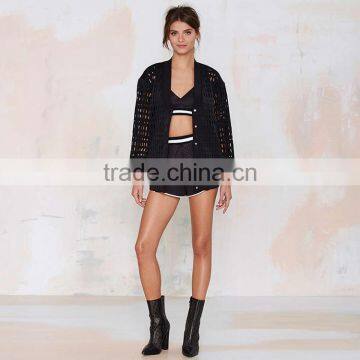 HAODUOYI Autumn Sexy Hollow Out Black Long Sleeve Button Down Mesh Bomber Jacket Casual Coat photo-2