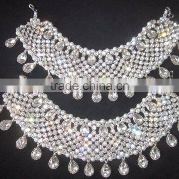 Silver Crystal broad payal ANKLETS feet bracelet pair