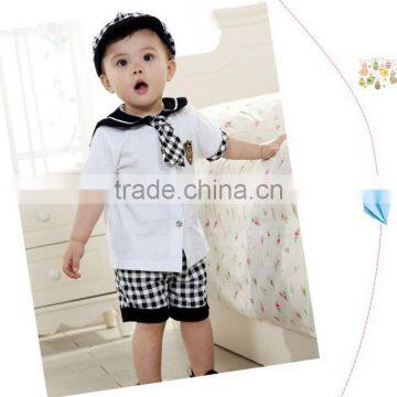 Wholesale England style 3pcs navy uniform for baby boy' clothes set,including shirt,pants and hat