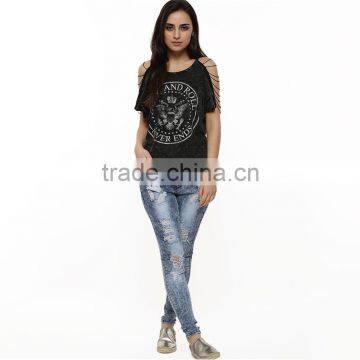2015 New Stylish Girls Personalized Chain String Sleeve t Shirt, Short Sleeve Black t Shirt photo-3