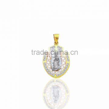 Three tone plated cz mother mary pendant in filigree design