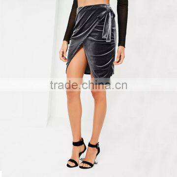 2017 New Fashion Ladies Soft Mini Sexy Grey Tie Side Wrap Velvet Skirt photo-5