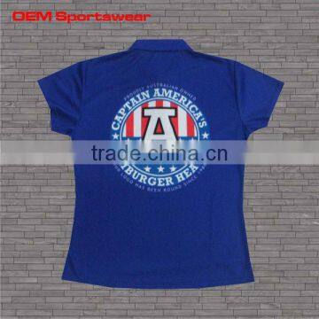 Dye sublimated blue womens polo shirts with custom logo