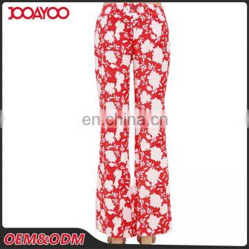 Spring Summer Design Coral Red Floral Print Lady Pants Relax Wide Leg Casual Pants For Women