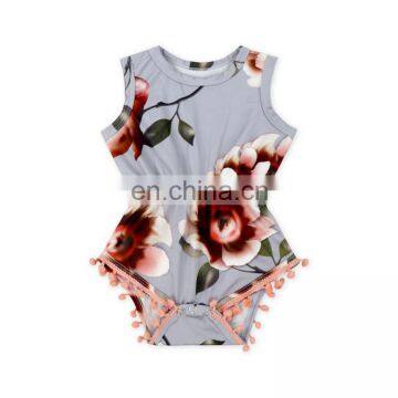 wholesale flower print romper baby floral print boutique kids girl pompom sleeveless romper