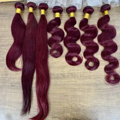 KHH Dark Wine Colour 99J Straight Human Hair Weave Bundles With Lace Closure , 99J Virgin Hair Colored Bundles With Lace Frontal