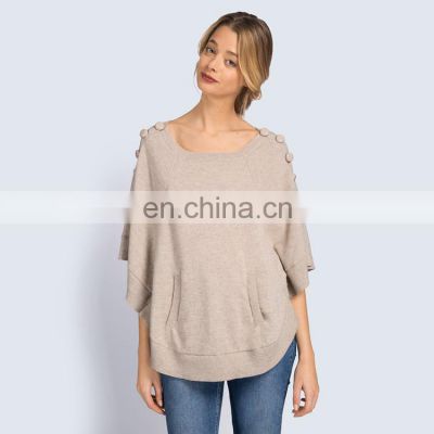 women half sleeve cashmere knit sweater with button on shoulder