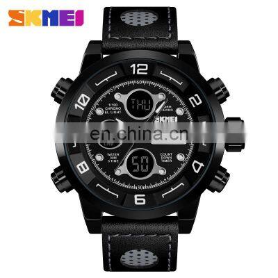 SKMEI Brand 1371 Stainless Steel Back Genuine Leather Mens Analog Quartz Watches photo-3