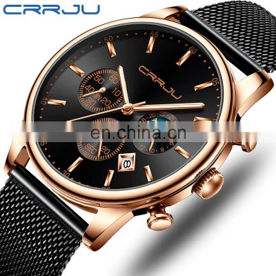 CRRJU 2266 Trendy charm date day moon phase analog quartz stainless steel watches men wrist brand luxury