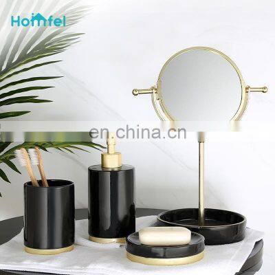 4 Piece Ceramic Bathroom Sets Toilet Brush Holder Soap Dispenser Tumbler Soap Dish With Glaze and Golden Base photo-2