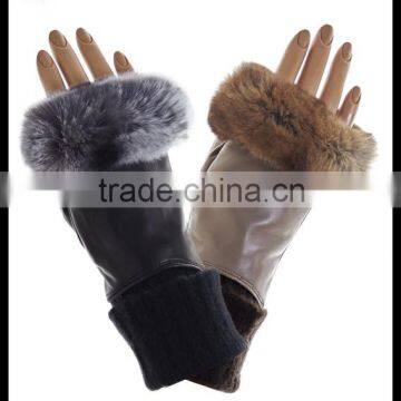 Ladies fingerless rabbit fur genuine leather gloves with knitted cuff