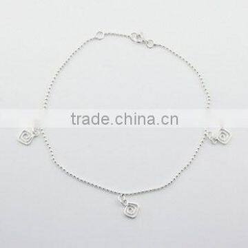 Diamond Shaped Spiral Charms Sterling Silver Bead Chain Anklet