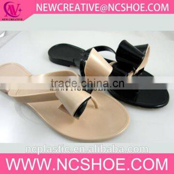 2015 latest design thong women flip flop jelly slipper with bicolor bowknot