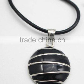 Black Enamel Round Pendant Stainless Steel Necklace