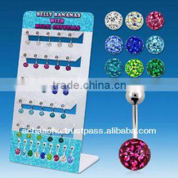 Display with 25 pcs of surgical steel belly banana with multi-crystal ferido ball with raisin cover