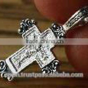 Silver Cross Mother God Pendant. Russian & Greek Orthodox Style.