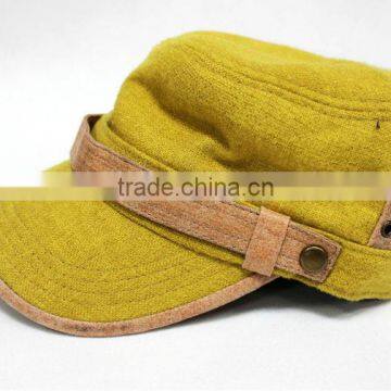 High Quality Woolen Cloth Leather Brim Flat Cap