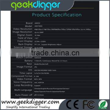 Yellow AMK7000S 4K 2.0" LCD 170 Degree Wide Angle Waterproof Wifi Action Camera With Remote Control Watch