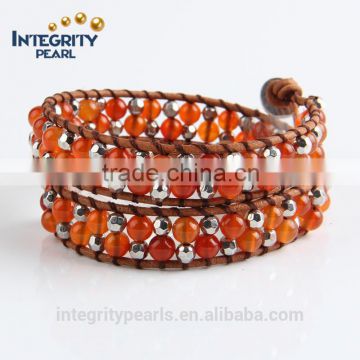 6mm red agate stone bead multi layer leather bracelet, ladies bracelet models, korean bracelet