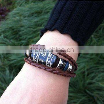 China style genuine plain leather bracelets with big cow bone bead