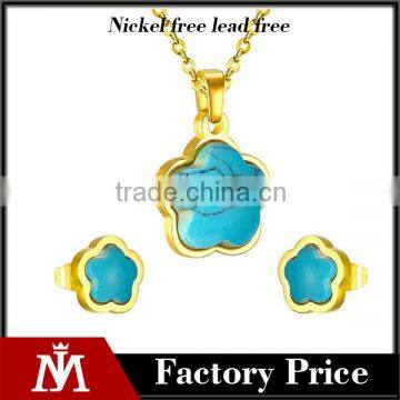 Wholesale Women Stainless Steel Flower Charm Turquoise Stud Earrings Gold Jewelry Set