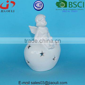 Glazed White Ceramic Angel Lantern, Decorative Terracotta Garden Angel photo-3