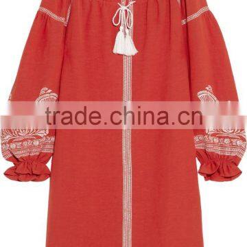 Cool Bohemian Embroidered Slub Crepe Linen Mini Dress Hand Flora Embroidery Designs 2016 HSD5750 photo-5