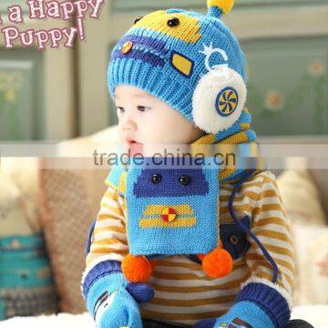 TC13003 Cheap Cute Fashion Baby Pom Pom Winter Beanie and Scarf and Knitted Animal Mitten Set Wholesale Baby 3pcs Set photo-5