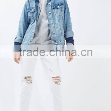 Basic Cotton French Terry Custom Contrast Distressed Denim Sleeve Girl Stylish Hoodie photo-3