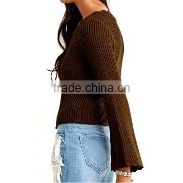 brown slouchy ribbed knit sweater pullover design with long bell sleeves