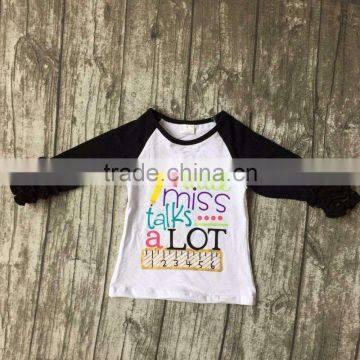 Baby Girls Three Quarter Icing Boutique Raglans White Black Top Shirts Pencil Ruler Crown Children Clothes Back to School Cotton photo-2