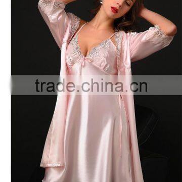 The New Spring and Summer Factory Pin Emulation Silk Pajamas 7 Minutes of Sleeve Embroidery Elegant Lace Nightgown Sexy Strap ni photo-2