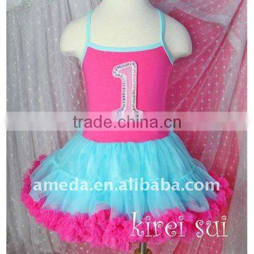 Sleeveless Dress For Girls Birthday - Hot Pink & Turquoise Blue Color with Number 1