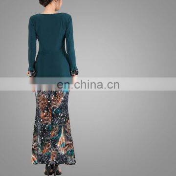 Hotsale Elegant Baju Kurung Islamic Abaya Maxi Dress Simple Muslim Clothing Long Dress Peplum Midi Kurung In Emerald Green photo-3