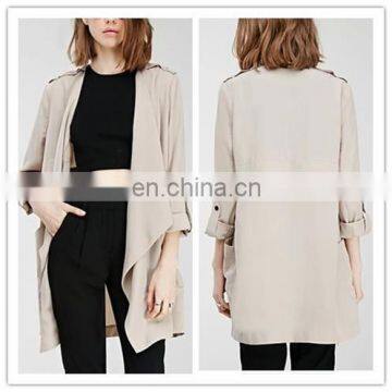 Styleish and classic collarless draped open front trench jacket of women NT201