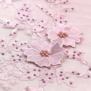 Dot Com Pink Pearls Tulle Lace Fabrics 3d Flowers Embroidery Designs African French Lace photo-3