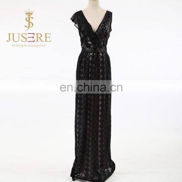 Newest Floor Length Column Evening Gowns Ruffle Shoulder Sleeveless V Neck Low V Back Lace Black Long Evening Dresses 2016