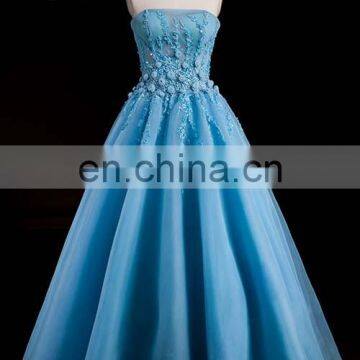 Latest 3D Flowers Illusion Lace Appliqued Beaded Blue Long Evening Dresses 2016 Floor Length Off Shoulder Puffy Prom Dress