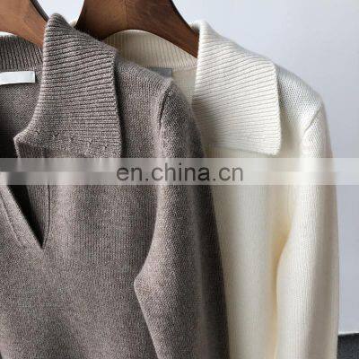 Women Casual Polo Neck Plain Knit Thick Cashmere Sweater photo-3
