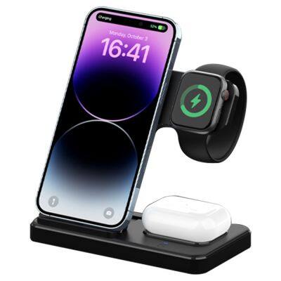 Estación de carga 3 en 1, soporte cargador para múltiples dispositivos para iP 15 - 11, Watch 9 - Se - Auriculares 3 2 Pro, Carga inalámbrica plegable