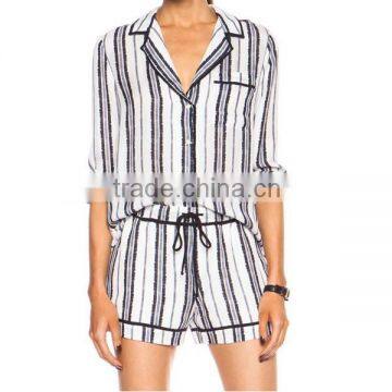 OEM service custom stripe print white and black ladies cotton pajamas