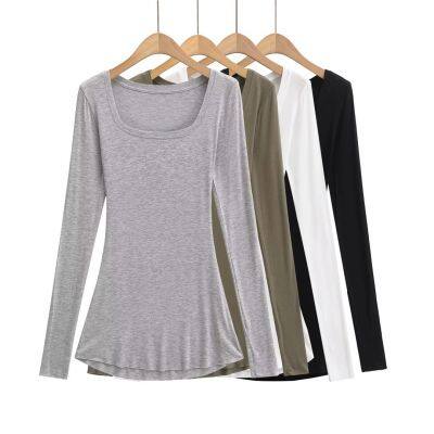 Solid color design niche long sleeve sleeve t-shirt sexy Spice Girl big U collar light breathable base shirt