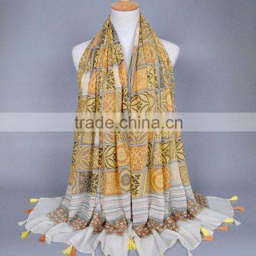 Yellow Leaf Flower Print Women Ladies Tassel Viscose Hijab Scarf Muslim